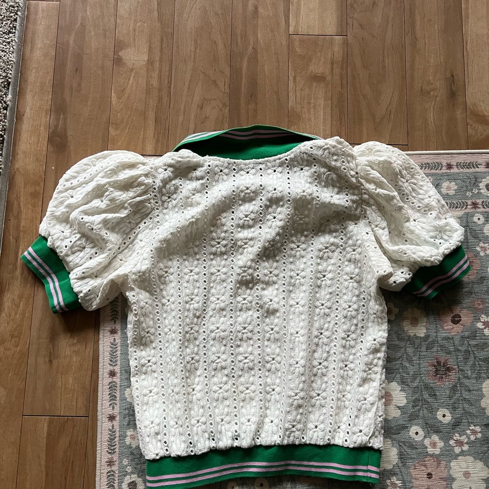 Maeve White Eyelet Polo Top with Green Trim - Picture 6 of 6